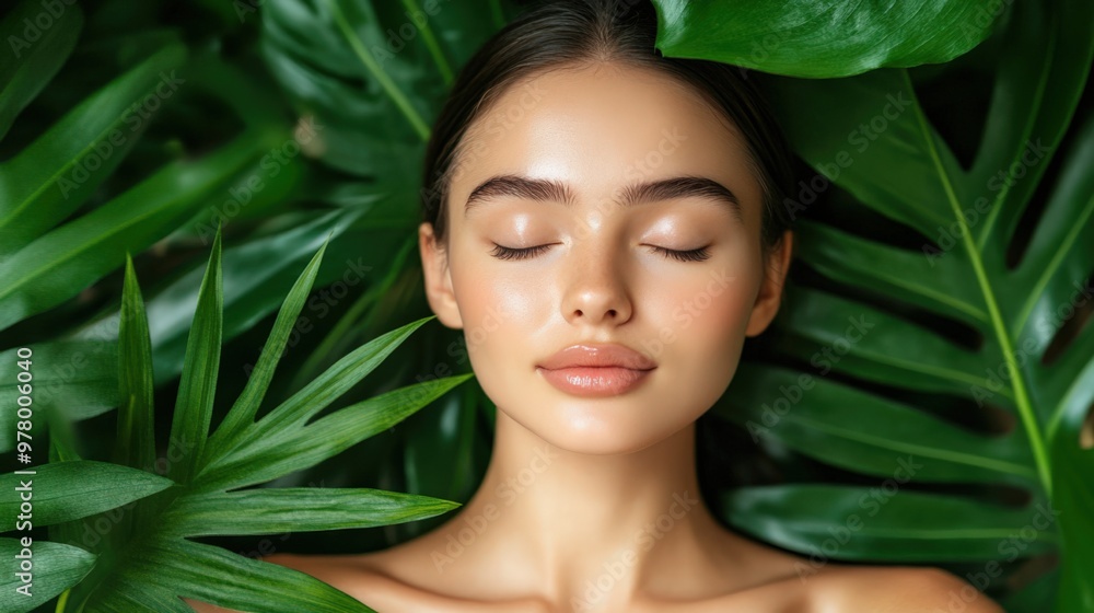 Fototapeta premium Natural Beauty Portrait with Tropical Leaf Backdrop