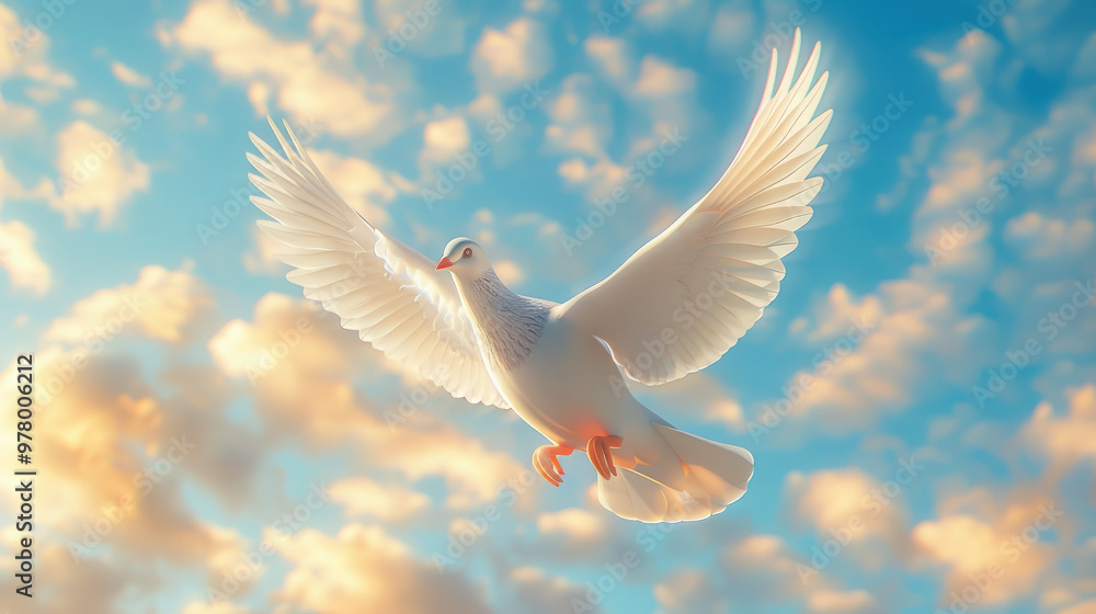 Obraz premium 3D illustration of white dove fly in blue sky, International Day of Peace, September 21, symbol, pigeon, flight, wings, feathers, bird, animal, postcard, pacifism, world peace day