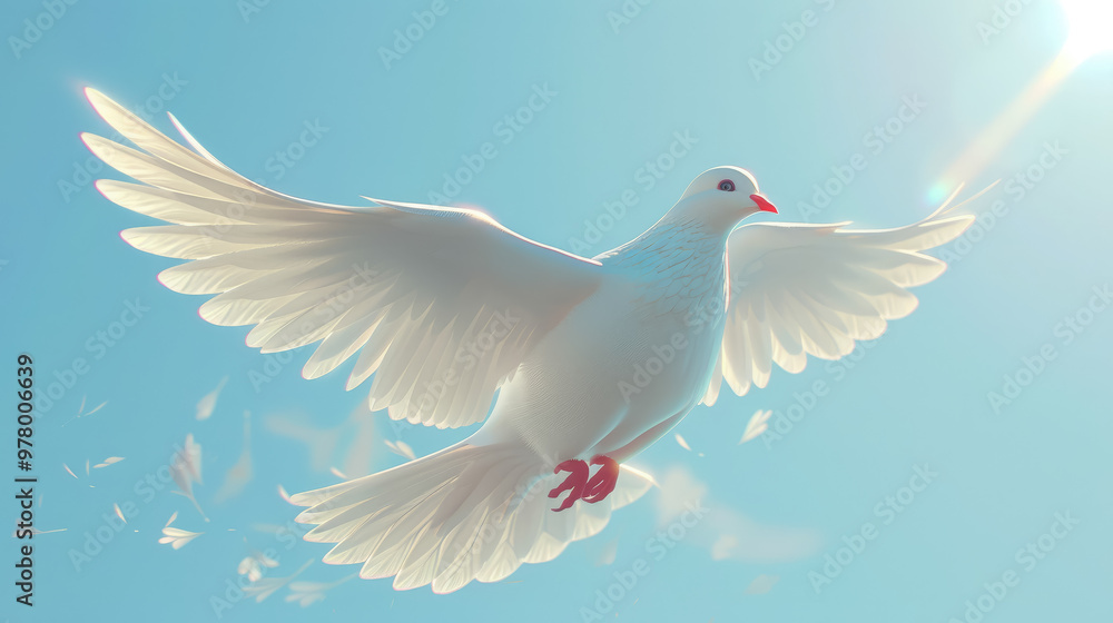 Obraz premium 3D illustration of white dove fly in blue sky, International Day of Peace, September 21, symbol, pigeon, flight, wings, feathers, bird, animal, postcard, pacifism, world peace day
