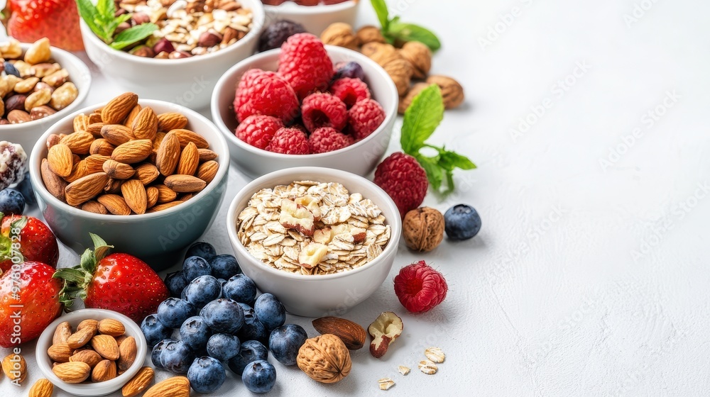 A colorful display of healthy breakfast options with oats, fresh fruit, and mixed nuts A colorful display of healthy breakfast options with oats, fresh fruit, and mixed nuts
