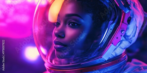 Portrait of Woman in Astronaut Helmet with Neon Glow photo