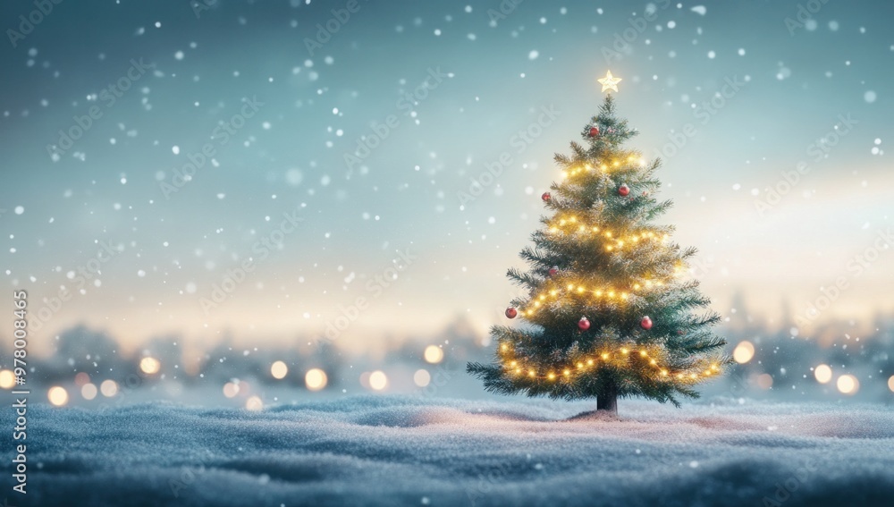 Christmas Tree in Snowy Landscape with Lights Christmas Tree in Snowy Landscape with Lights
