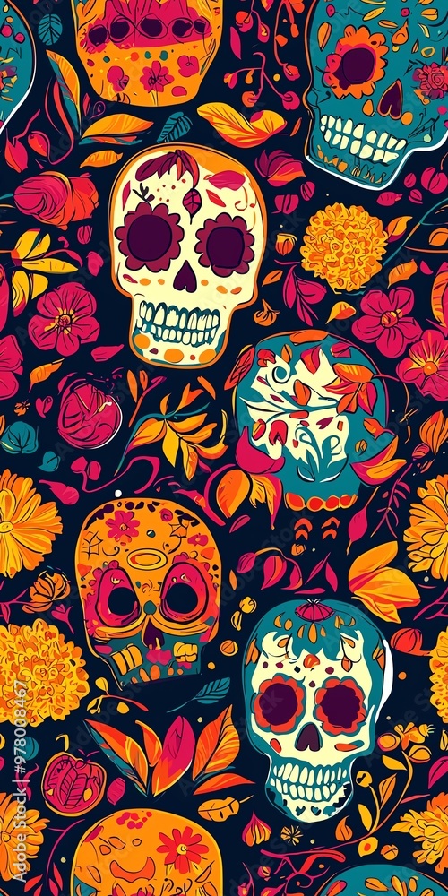 Colorful Day of the Dead sugar skull pattern with floral accents. Colorful Day of the Dead sugar skull pattern with floral accents.