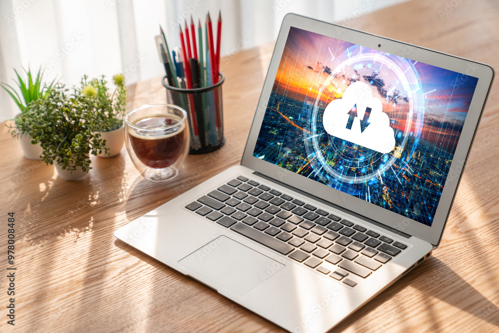 Fototapeta premium Cloud computing software for modish remote work and personal data storage