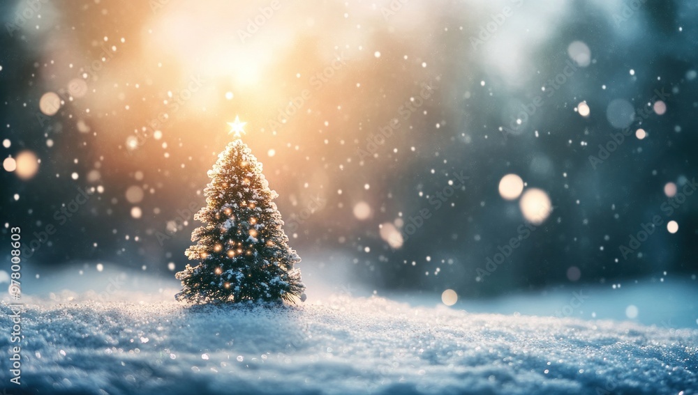 Christmas tree in snowy landscape illuminated by golden sunlight Christmas tree in snowy landscape illuminated by golden sunlight