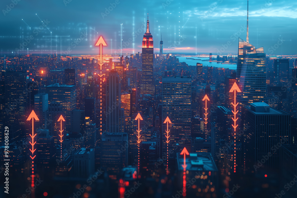 Fototapeta premium Cityscape with Red Arrows: A Night View of a Modern Metropolis