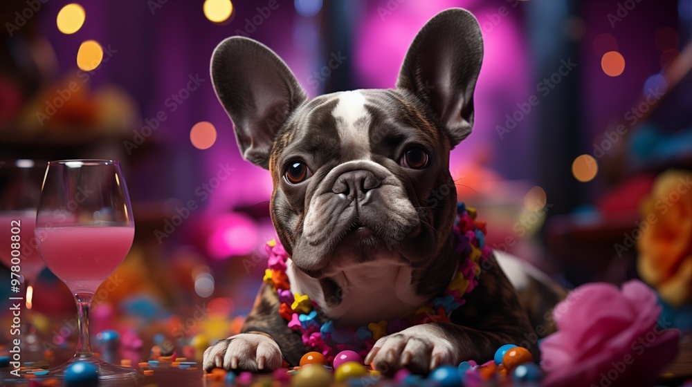 French Bulldog drinking champagne on birthday party. French Bulldog drinking champagne on birthday party.