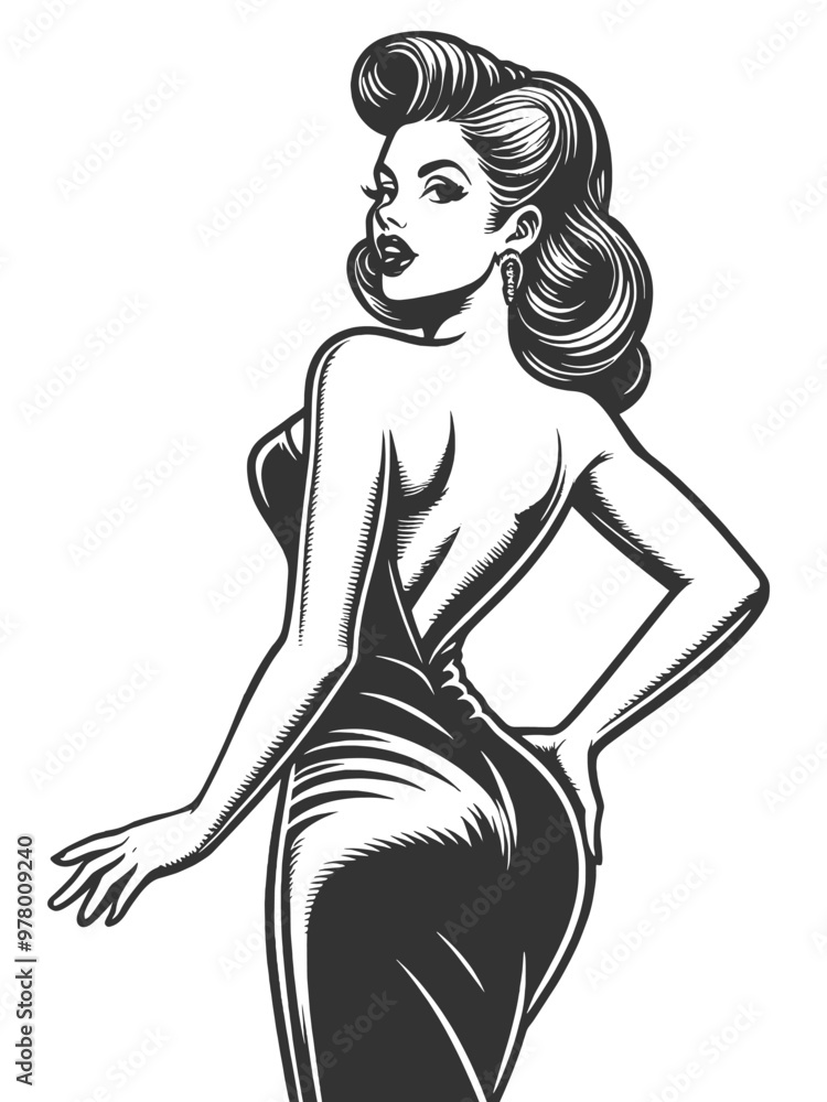 pin-up woman wearing a form-fitting tight dress, vintage fashion beauty sketch engraving generative ai fictional character vector illustration. Scratch board imitation. Black and white image. pin-up woman wearing a form-fitting tight dress, vintage fashion beauty sketch engraving generative ai fictional character vector illustration. Scratch board imitation. Black and white image.