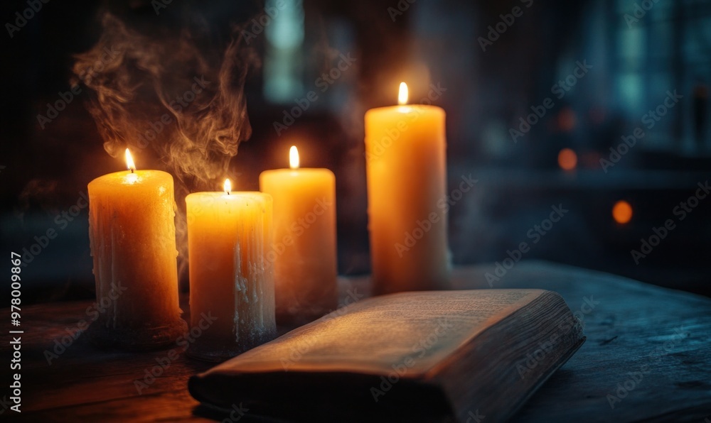 Candlelit Altar with Book in Dusk Lighting Candlelit Altar with Book in Dusk Lighting