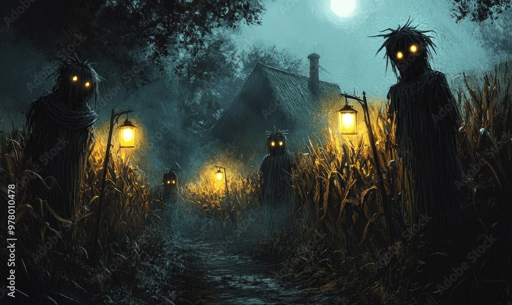 Eerie scarecrows in a moonlit cornfield
