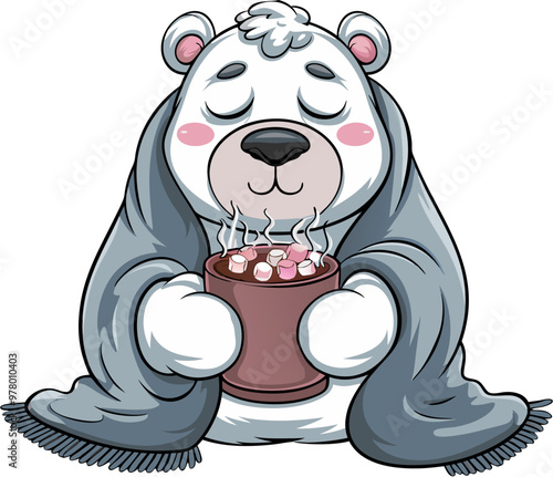 Cozy Polar Bear Wrapped in Blanket Holding Hot Chocolate with Marshmallows Warming Up Vector Illustration