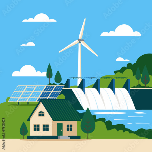 Renewable Energy Sources Wind Solar Hydro Power House Eco Friendly Vector Illustration