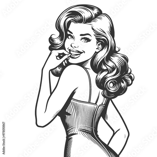 Playful smiling beautiful young woman flirty biting her little finger sketch engraving generative ai fictional character vector illustration. Scratch board imitation. Black and white image.