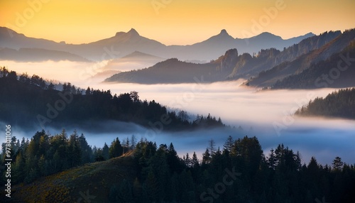 Misty Mountains at Dawn, Shrouded in Fog and Illuminated by Soft Light