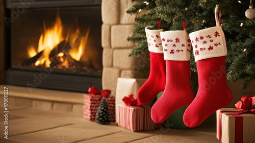 A pair of stockings hang from a fireplace with presents underneath, AI