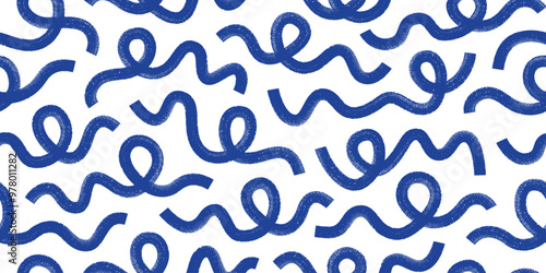 Bold line blue waves. Grunge hand drawn ink brush squiggles seamless pattern. Cute organic thick curved shapes design
