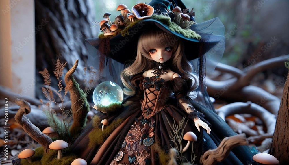 A doll dressed in elaborate gothic attire is posed amidst a mystical forest setting, holding a glowing orb and surrounded by mushrooms and twisted tree roots.
A doll dressed in elaborate gothic attire is posed amidst a mystical forest setting, holding a glowing orb and surrounded by mushrooms and twisted tree roots.
