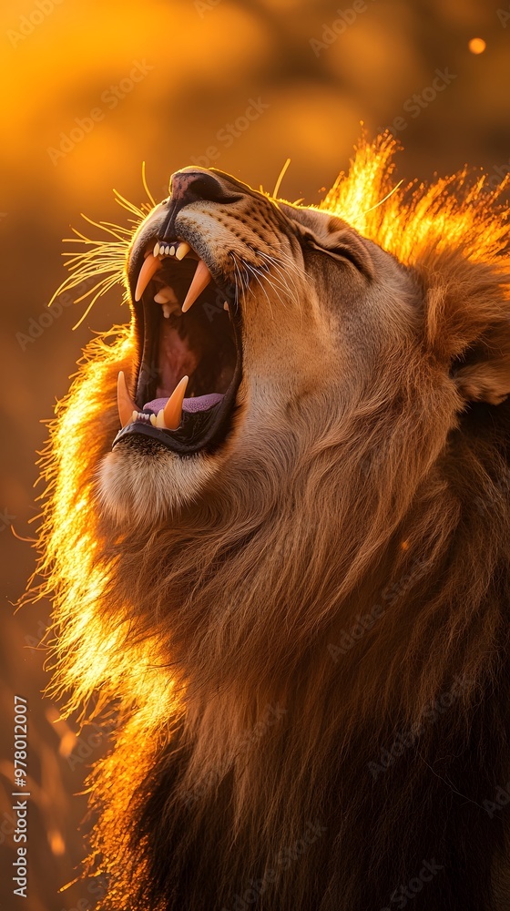 Naklejka premium Majestic roaring lion captured at sunset with golden light highlighting its mane