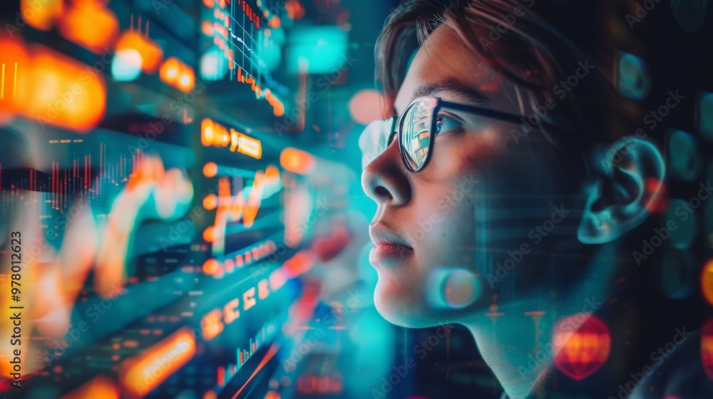 Young professional analyzing data on a digital screen Young professional analyzing data on a digital screen
