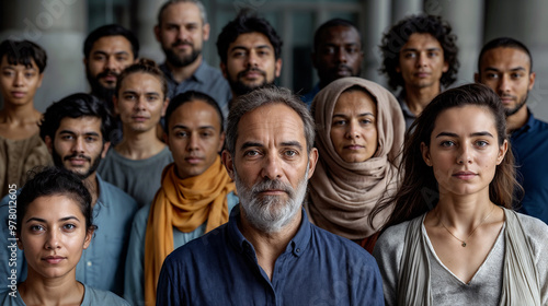 A group of diverse individuals stands together, expressing unity and strength. Their varied backgrounds and attire highlight a beautiful representation of community and harmony - Generative AI