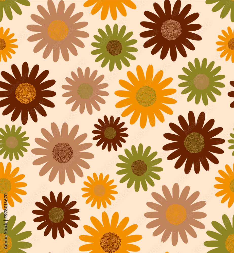 Retro midcentury daisy flowers Vector seamless pattern. Mod jumbo flowers in Retro 70s colors: orange yellow, moss green, dark brown, cream.