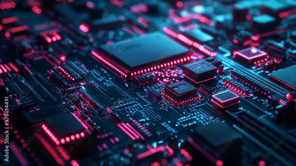Close-up of a motherboard with neon pink and blue lighting Close-up of a motherboard with neon pink and blue lighting