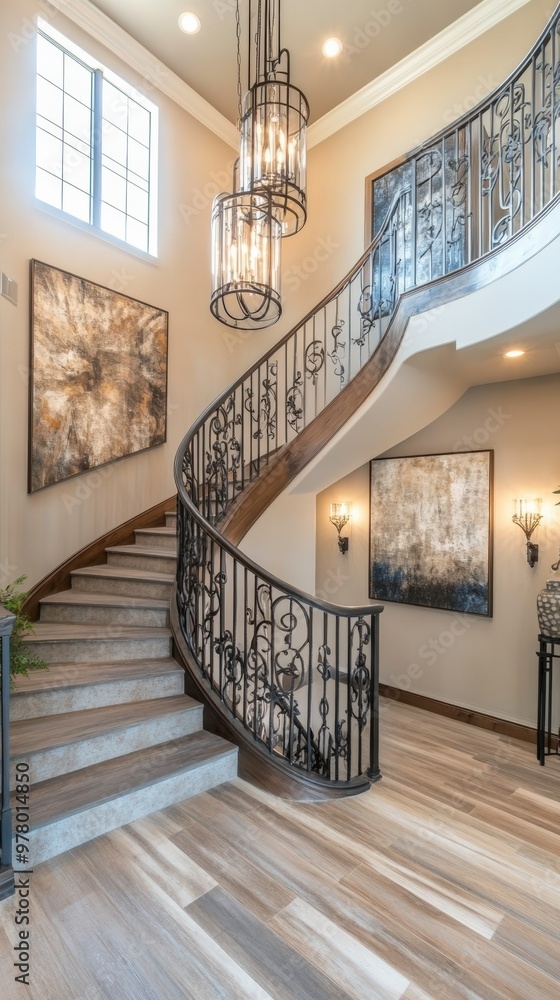 Obraz premium Elegant Staircase and Stylish Lighting Enhance the Inviting Entryway of a Luxury Home. Generative AI