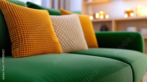 A close up of a green couch with pillows and candles, AI