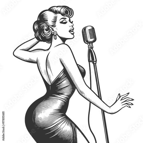 woman in a tight evening dress singer holding a microphone the classic style sketch engraving generative ai fictional character vector illustration. Scratch board imitation. Black and white image.