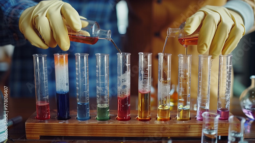 Hands in protective gloves conduct experiments and experiments. Among colorful test tubes in a chemistry lab.