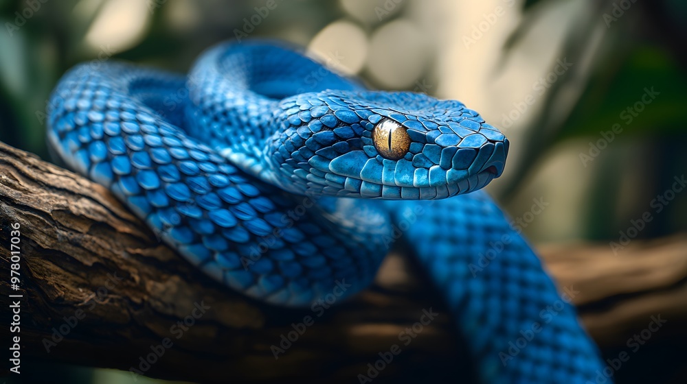 Fototapeta premium Vivid blue pit viper with glowing amber eyes coiled in a dimly lit forest environment showcasing its detailed scales