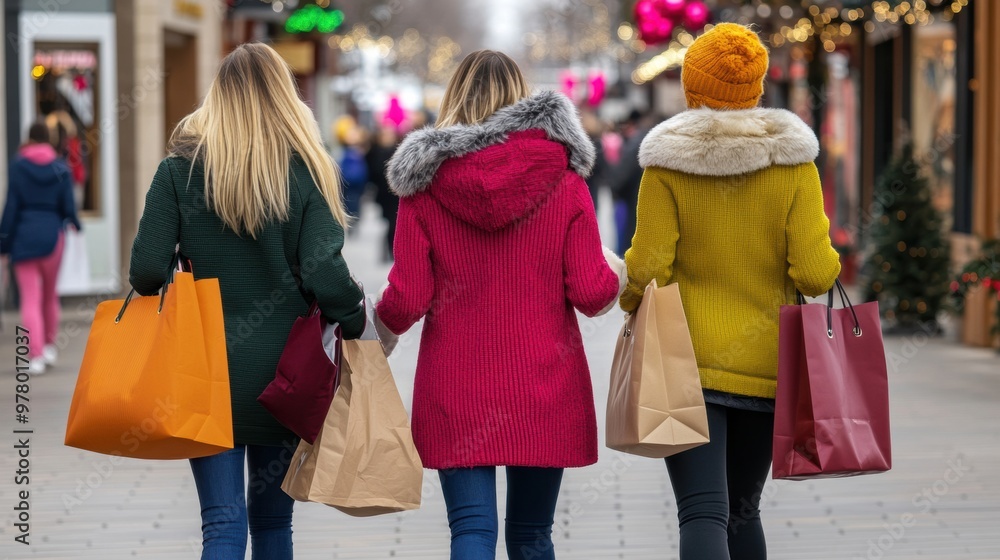 Three women walking down a street with shopping bags in their hands, AI Three women walking down a street with shopping bags in their hands, AI