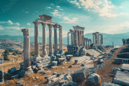 Ancient stone structures rise dramatically against the sky