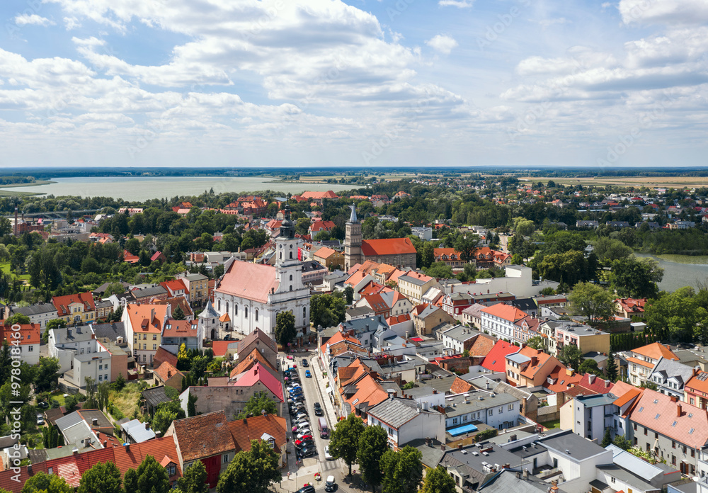 Summer aerial skyline cityscape of Wolsztyn, Greater Poland (Wielkopolska). Wide panoramic view of the sunny old town