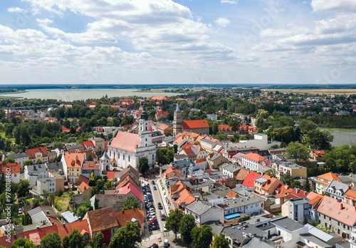 Obraz na płótnie Summer aerial skyline cityscape of Wolsztyn, Greater Poland (Wielkopolska). Wide panoramic view of the sunny old town w salonie