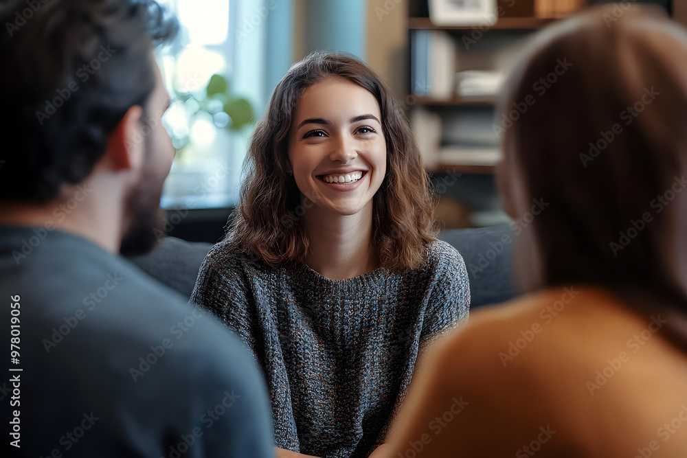 Young couple smiles in therapy with a psychologist, seeking help for their relationship and mental health. They sit together, showing trust and hope Young couple smiles in therapy with a psychologist, seeking help for their relationship and mental health. They sit together, showing trust and hope