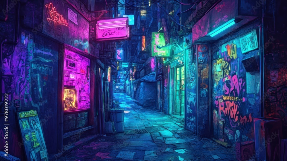 Naklejka premium Neon-Lit Back Alley in a Cyberpunk City