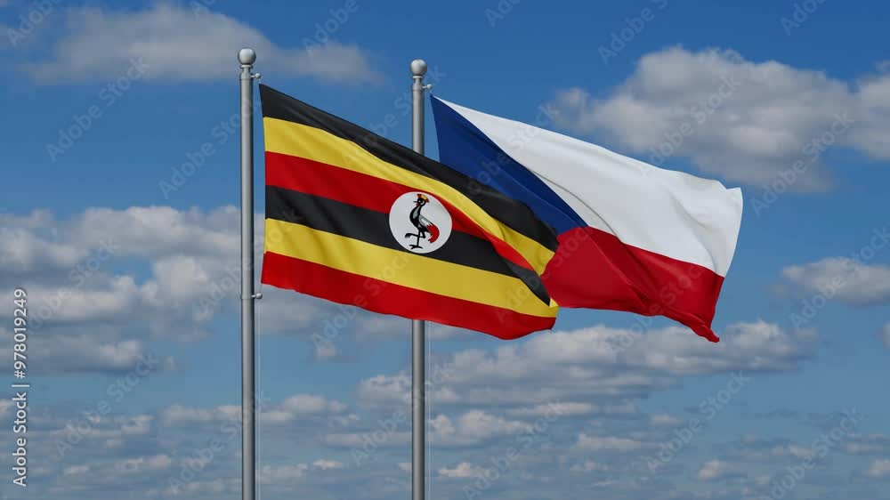 Czech Republic and Uganda flags flying together, video concept of the relationship, two country relations concept Czech Republic and Uganda flags flying together, video concept of the relationship, two country relations concept