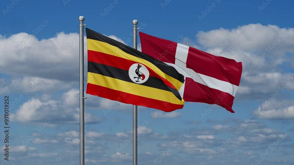 Denmark and Uganda flags flying together, video concept of the relationship, two country relations concept Denmark and Uganda flags flying together, video concept of the relationship, two country relations concept