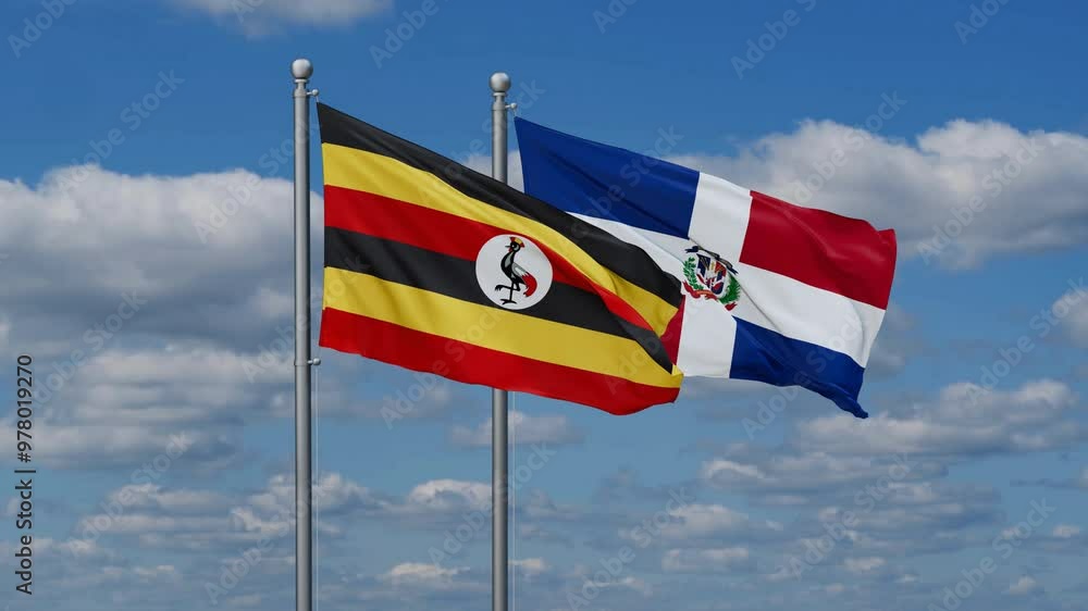 Dominican Republic and Uganda flags flying together, video concept of the relationship, two country relations concept Dominican Republic and Uganda flags flying together, video concept of the relationship, two country relations concept