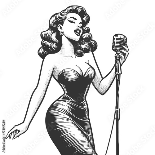 woman in a tight evening dress singer holding a microphone the classic style sketch engraving generative ai fictional character vector illustration. Scratch board imitation. Black and white image.