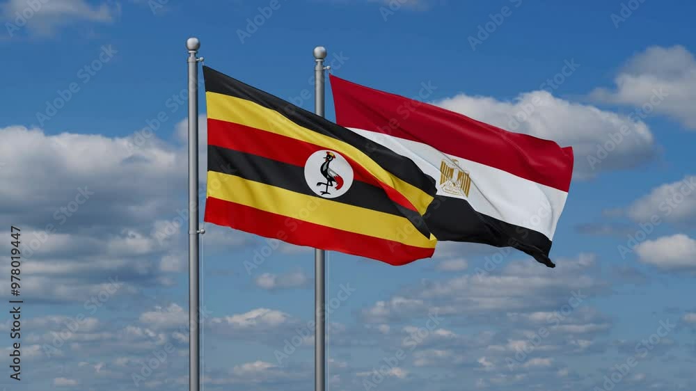 Egypt and Uganda flags flying together, video concept of the relationship, two country relations concept Egypt and Uganda flags flying together, video concept of the relationship, two country relations concept