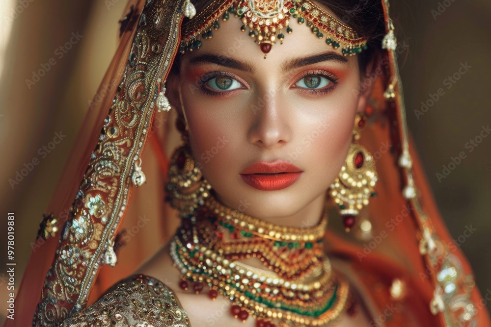 A portrait of a beautiful woman adorned with intricate jewelry and elegant attire A portrait of a beautiful woman adorned with intricate jewelry and elegant attire