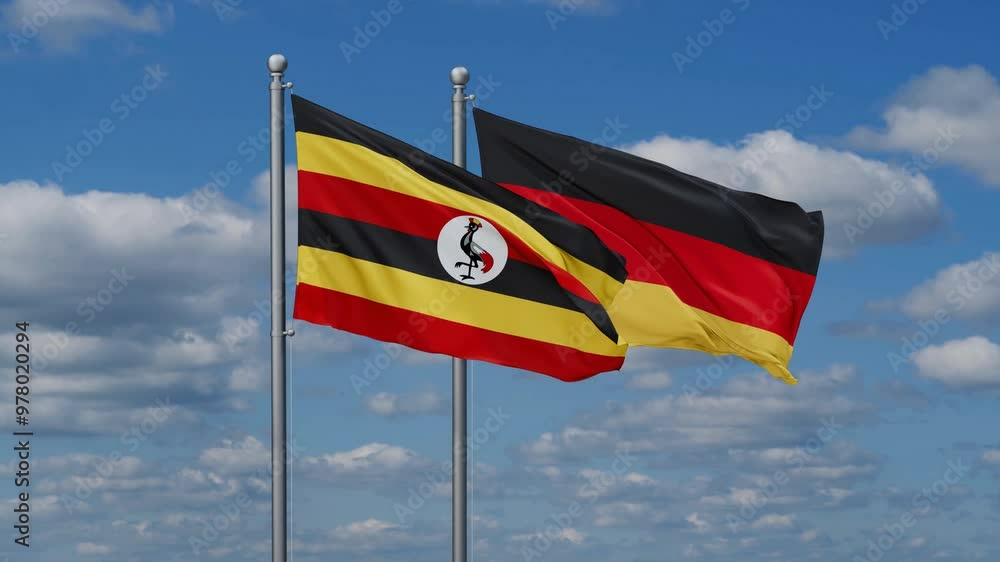 Germany and Uganda flags flying together, video concept of the relationship, two country relations concept Germany and Uganda flags flying together, video concept of the relationship, two country relations concept