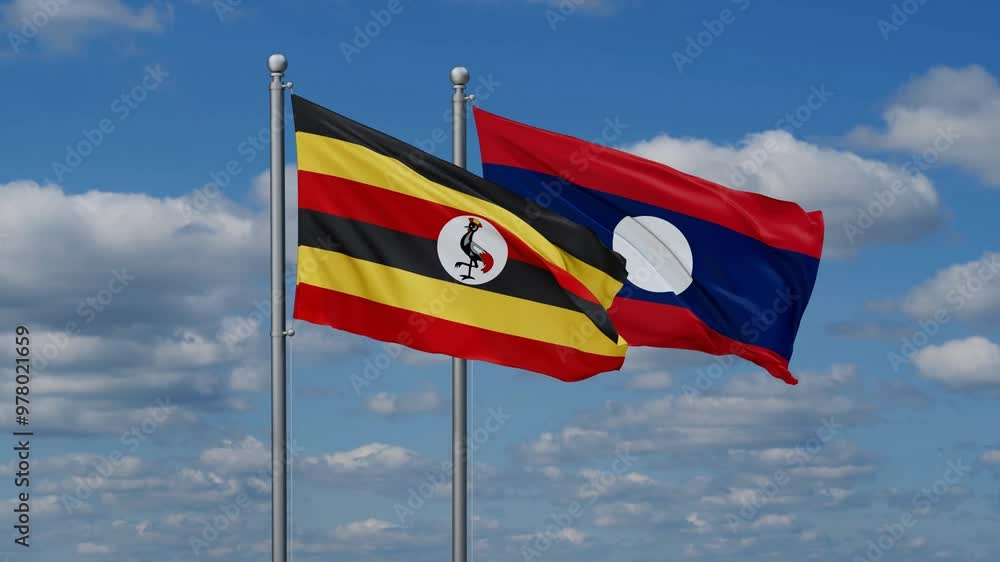 Laos and Uganda flags flying together, video concept of the relationship, two country relations concept Laos and Uganda flags flying together, video concept of the relationship, two country relations concept