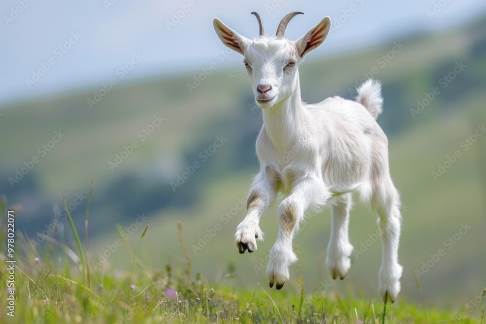 A playful kid goat leaping and frolicking in the fields, its boundless energy evident in its movements A playful kid goat leaping and frolicking in the fields, its boundless energy evident in its movements