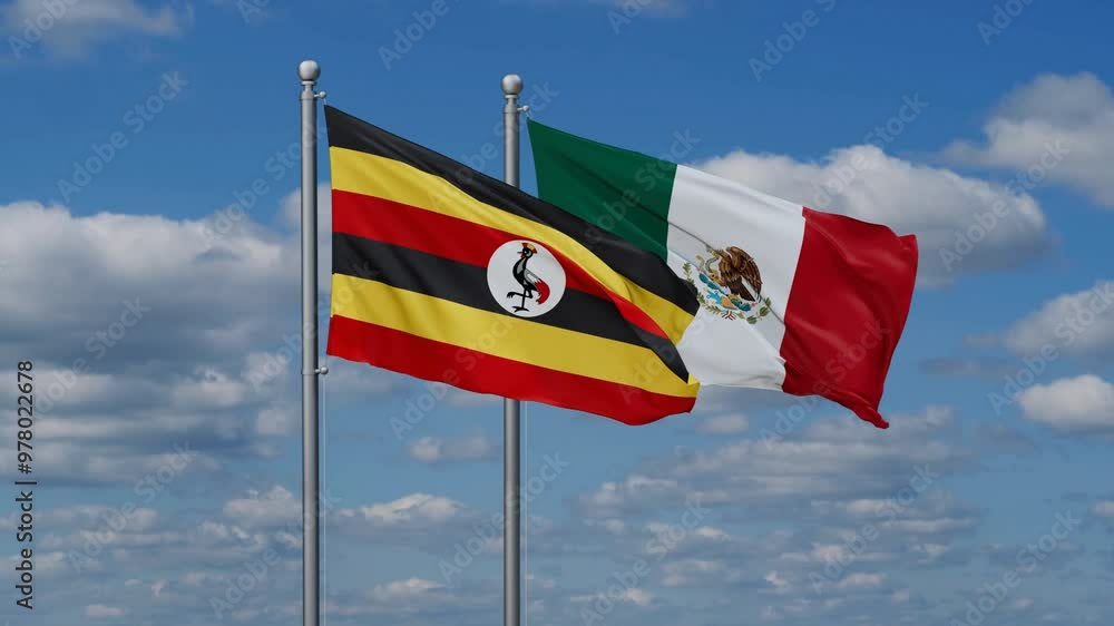 Mexico and Uganda flags flying together, video concept of the relationship, two country relations concept Mexico and Uganda flags flying together, video concept of the relationship, two country relations concept