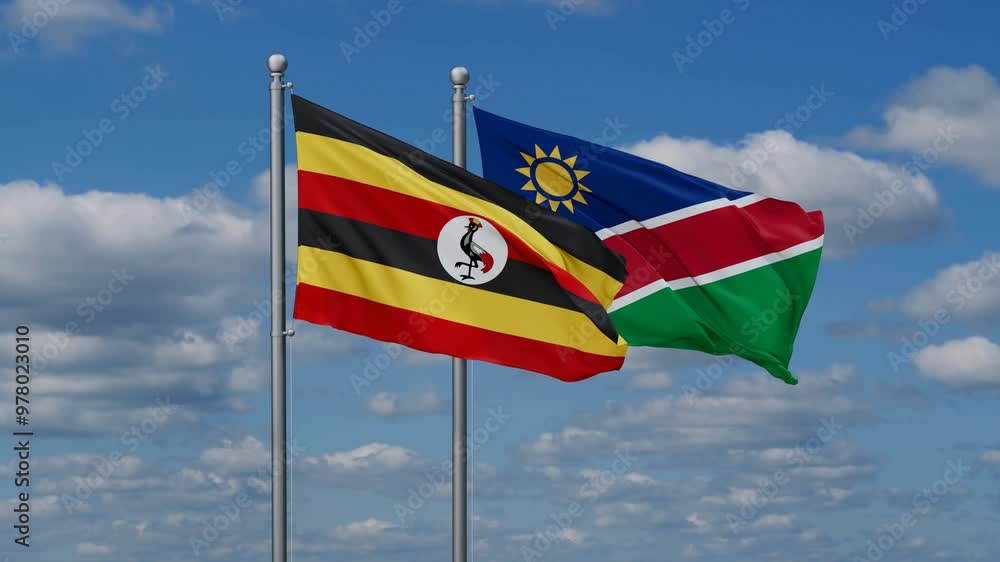 Uganda and Namibia flags flying together, video concept of the relationship, two country relations concept Uganda and Namibia flags flying together, video concept of the relationship, two country relations concept