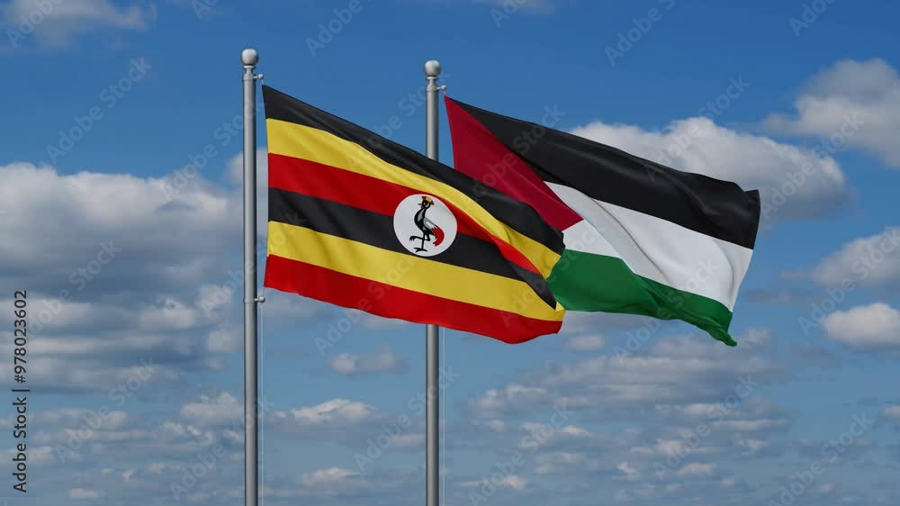 Palestine and Gaza Strip and Uganda two flags waving together on blue , video concept of the relationship Palestine and Gaza Strip and Uganda two flags waving together on blue , video concept of the relationship