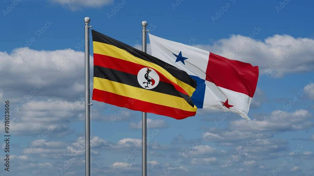 Panama and Uganda flags flying together, video concept of the relationship, two country relations concept Panama and Uganda flags flying together, video concept of the relationship, two country relations concept